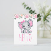 Roze Baby Olifant en Roos Hallo Border Briefkaart (Staand voorkant)