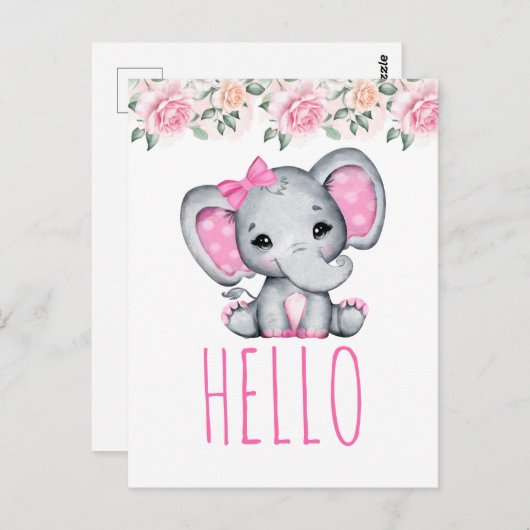 Roze Baby Olifant en Roos Hallo Border Briefkaart (Voorkant / Achterkant)