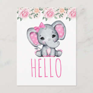 Roze Baby Olifant en Roos Hallo Border Briefkaart