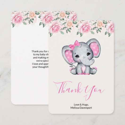 Roze Baby Olifant en Rozen Border Bedankkaart (Voorkant / Achterkant)