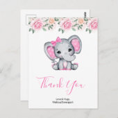 Roze Baby Olifant en Rozen Border Bedankt Briefkaart (Voorkant / Achterkant)