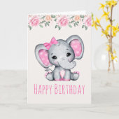 Roze Baby Olifant en Rozen Border Birthday Kaart (Gele Bloem)