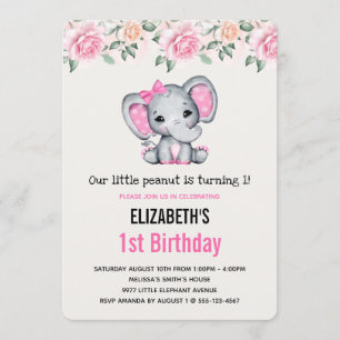 Roze Baby Olifant en Rozen Border Birthday Kaart