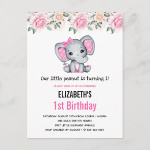 Roze Baby Olifant en Rozen Border Birthday Uitnodiging Briefkaart