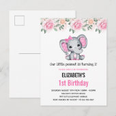 Roze Baby Olifant en Rozen Border Birthday Uitnodiging Briefkaart (Voorkant / Achterkant)