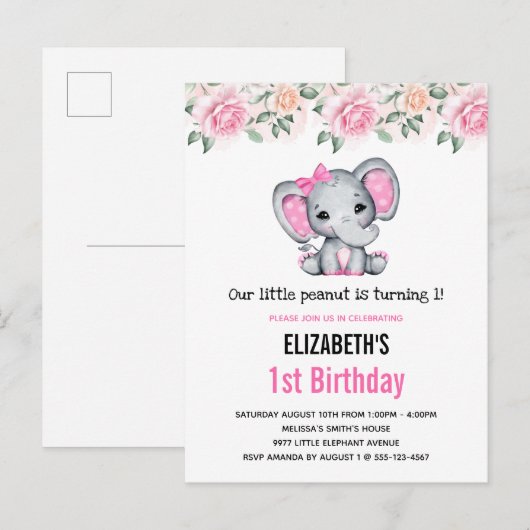 Roze Baby Olifant en Rozen Border Birthday Uitnodiging Briefkaart (Voorkant / Achterkant)