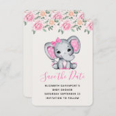 Roze Baby Olifant en Rozen Border Save The Date (Voorkant / Achterkant)
