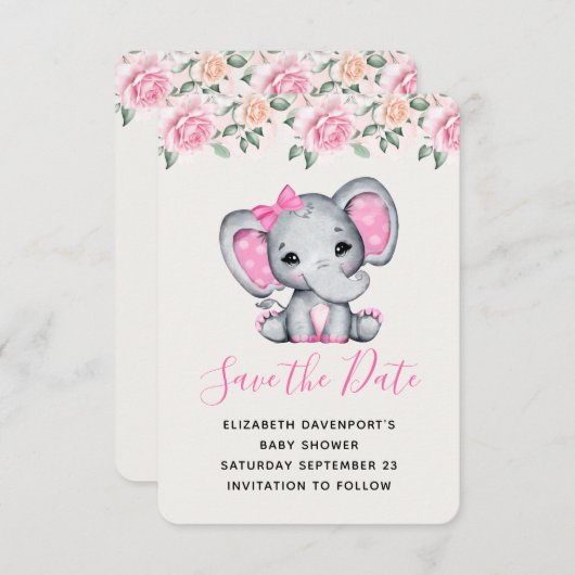 Roze Baby Olifant en Rozen Border Save The Date (Voorkant / Achterkant)