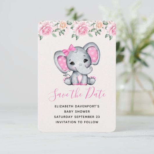 Roze Baby Olifant en Rozen Border Save The Date (Staand voorkant)