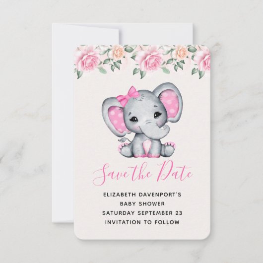 Roze Baby Olifant en Rozen Border Save The Date (Voorkant)