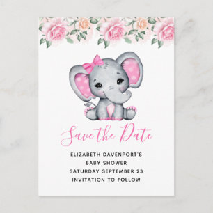 Roze Baby Olifant en Rozen Border Save the Date Uitnodiging Briefkaart