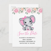 Roze Baby Olifant en Rozen Border Save the Date Uitnodiging Briefkaart (Voorkant / Achterkant)