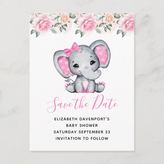 Roze Baby Olifant en Rozen Border Save the Date Uitnodiging Briefkaart (Voorkant)
