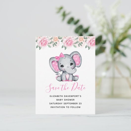 Roze Baby Olifant en Rozen Border Save the Date Uitnodiging Briefkaart (Staand voorkant)