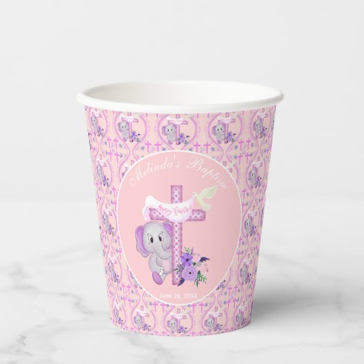 Roze Baby olifant met duif en dwarslaesie Papieren Bekers (Voorkant)