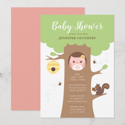 Roze Baby Owl in de Uitnodiging van de Boom (Voorkant / Achterkant)