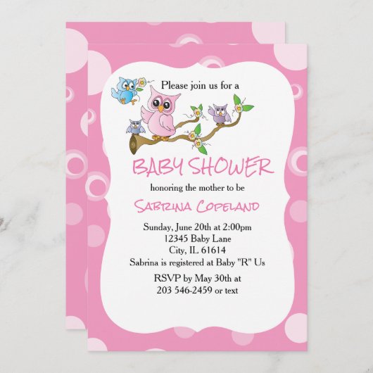 Roze Baby Owl | Shower Theme Kaart (Voorkant / Achterkant)