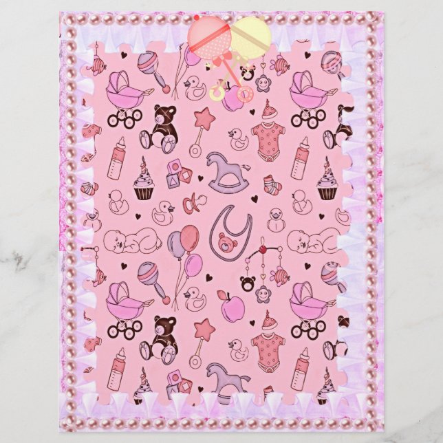 Roze Baby papier met kant en parels (Voorkant)