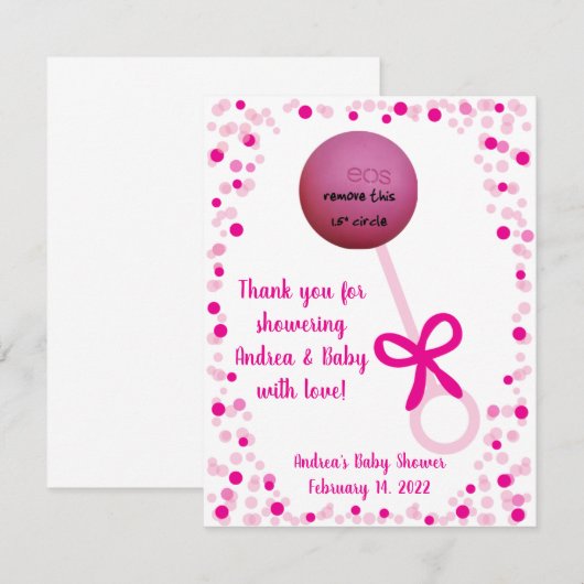 Roze Baby Rattle EOS Lip Balm Shower Favor Notitiekaartje (Voorkant / Achterkant)
