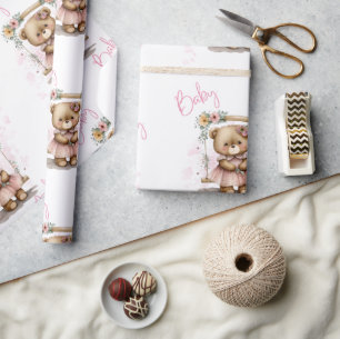 Roze Baby Script Teddy Bear Baby shower Cadeaupapier