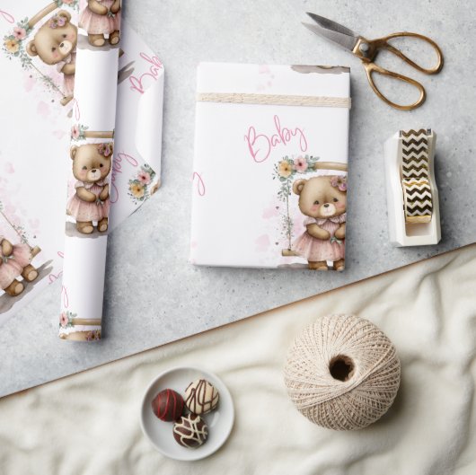 Roze Baby Script Teddy Bear Baby shower Cadeaupapier (Crafts)
