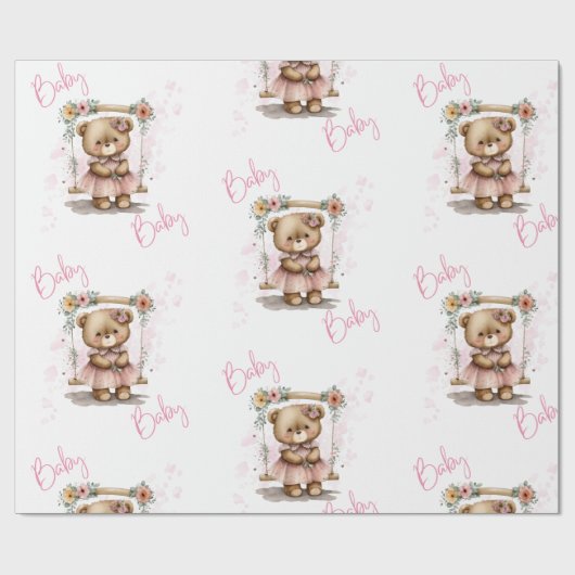 Roze Baby Script Teddy Bear Baby shower Cadeaupapier (Vlak)