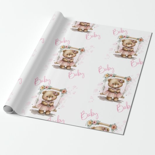 Roze Baby Script Teddy Bear Baby shower Cadeaupapier (Uitgerold)