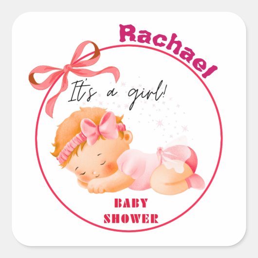 Roze baby shower, baby meisje shower vierkante sticker (Voorkant)
