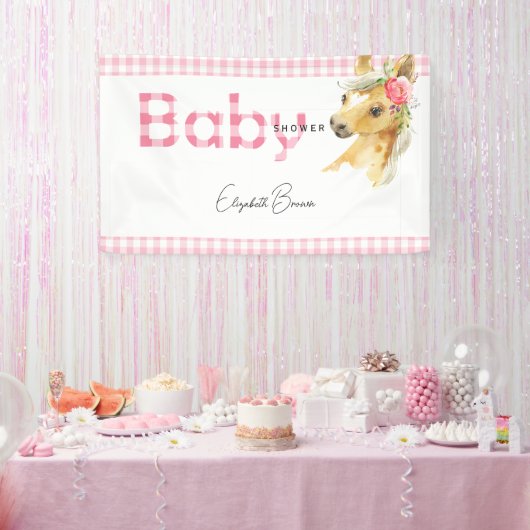 Roze Baby shower Banner Gingham Horse (Feest)