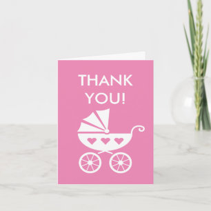 Roze baby shower bedankkaart met koets kinderwagen