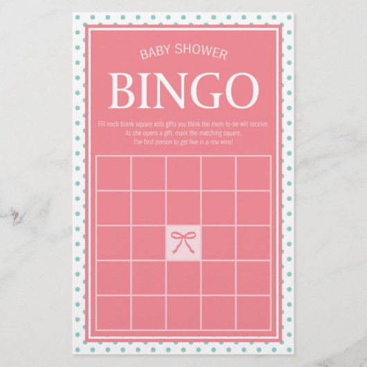 Roze Baby shower Bingo Polka Dots en Lint Briefpapier (Voorkant)