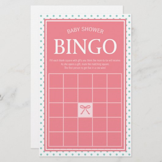 Roze Baby shower Bingo Polka Dots en Lint Briefpapier (Voorkant / Achterkant)