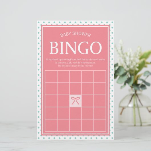 Roze Baby shower Bingo Polka Dots en Lint Briefpapier (Staand voorkant)