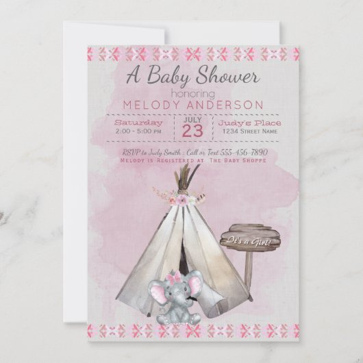 Roze Baby shower Boho Baby Elephant & Tipi Kaart (Voorkant)