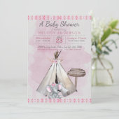 Roze Baby shower Boho Baby Elephant & Tipi Kaart (Staand voorkant)