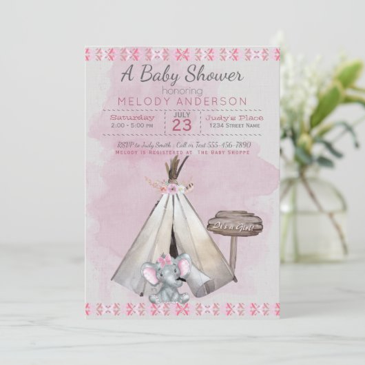 Roze Baby shower Boho Baby Elephant & Tipi Kaart (Staand voorkant)