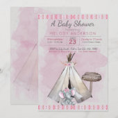 Roze Baby shower Boho Baby Elephant & Tipi Kaart (Voorkant / Achterkant)