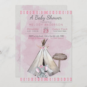 Roze Baby shower Boho Baby Elephant & Tipi Kaart