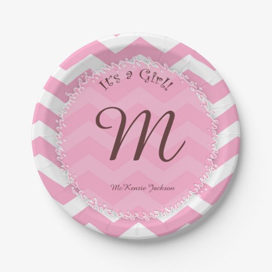 Roze baby shower borden met babynaam papieren bordje (Voorkant)