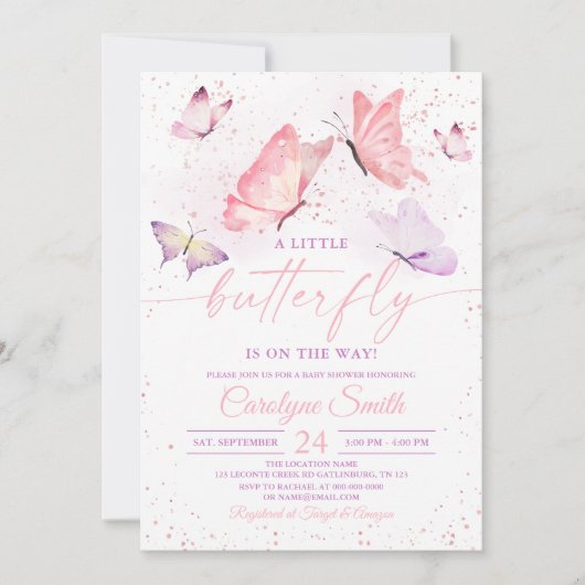 Roze Baby shower Butterfly Kaart (Voorkant)