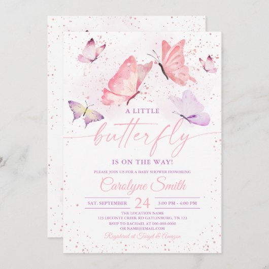 Roze Baby shower Butterfly Kaart (Voorkant / Achterkant)