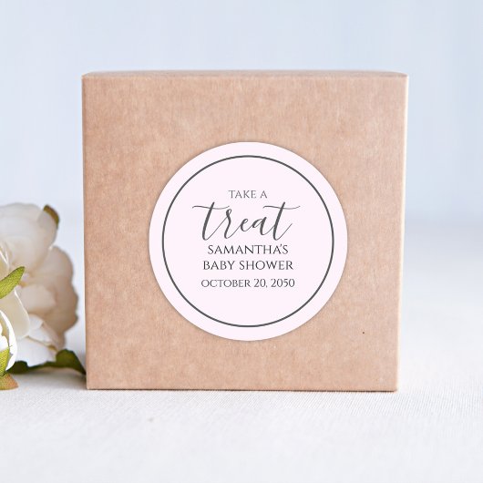 Roze Baby shower Cute Calligraphy Script Treat Ronde Sticker