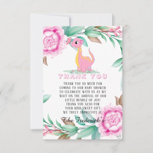 Roze Baby shower Dinosaur Girl Bedankkaart (Voorkant)