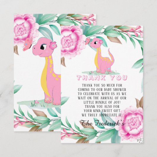 Roze Baby shower Dinosaur Girl Bedankkaart (Voorkant / Achterkant)