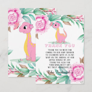 Roze Baby shower Dinosaur Girl Bedankkaart