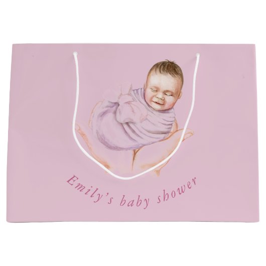 Roze Baby shower Gift Bag - Persoonlijke naam Groot Cadeauzakje (Voorkant)