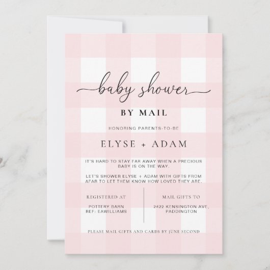 Roze Baby shower Gingham per post Kaart (Voorkant)