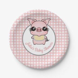 Roze Baby shower Gingham Piggy Papieren Bordje
