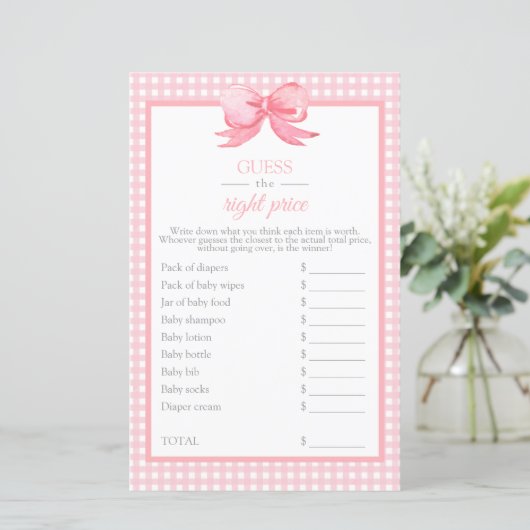 Roze Baby shower Gingham raad het prijsspel (Staand voorkant)