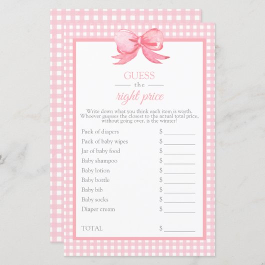 Roze Baby shower Gingham raad het prijsspel (Voorkant / Achterkant)
